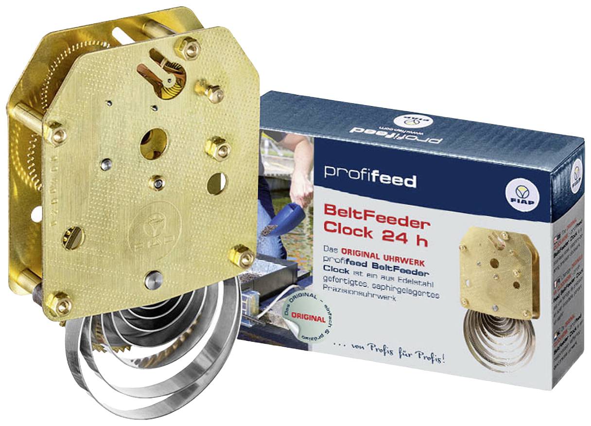 Mechanické hodinkové ústrojí ve zlaté barvě, vedle něhož je umístěn obal s nápisem 'BeltFeeder Clock 24 h' od společnosti profi feed, prezentuje krmný systém pro rybníkové ryby.