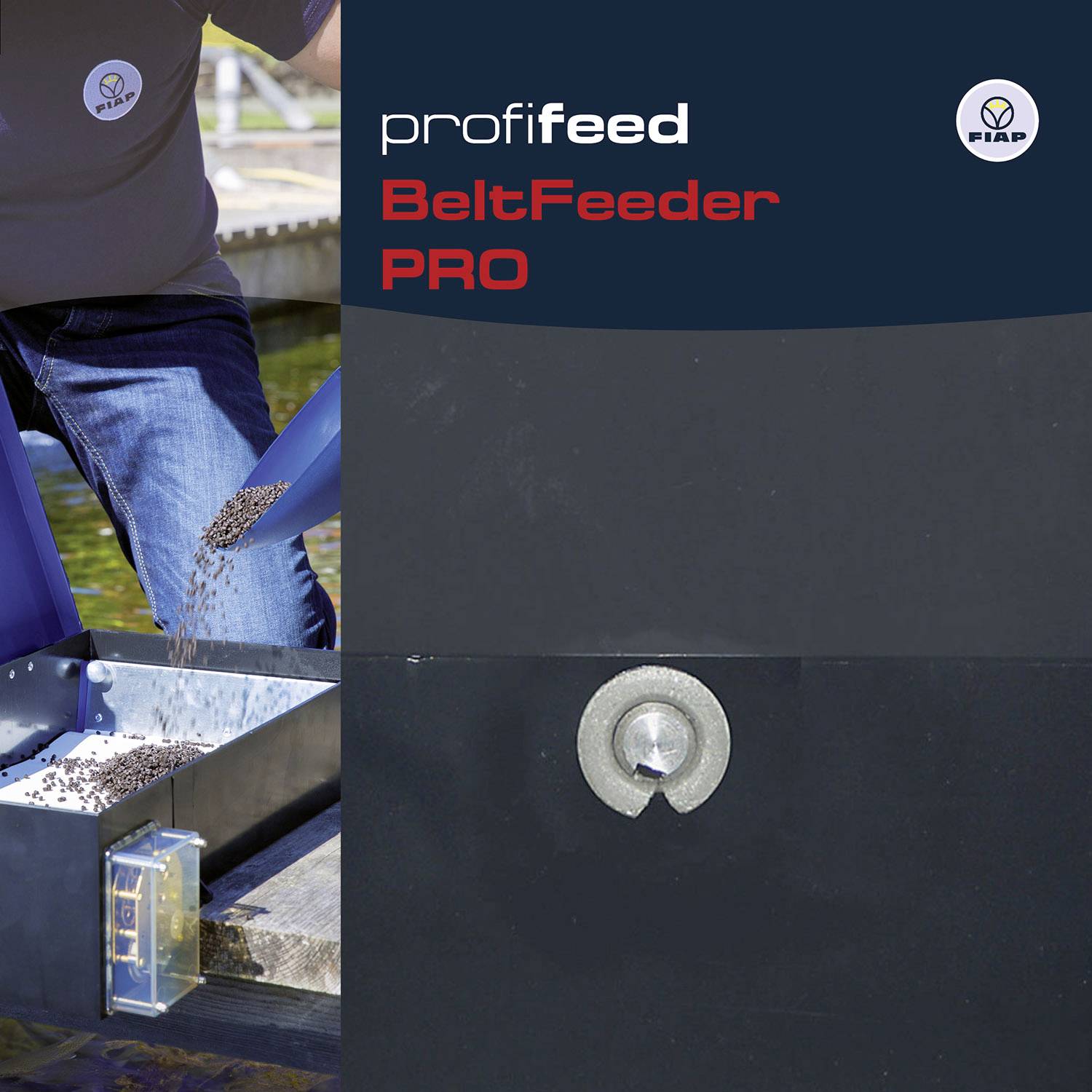 Osoba rozhazuje krmné granule zařízením ve vodní nádrži. Text v obrázku: 'profifeed BeltFeeder PRO'.