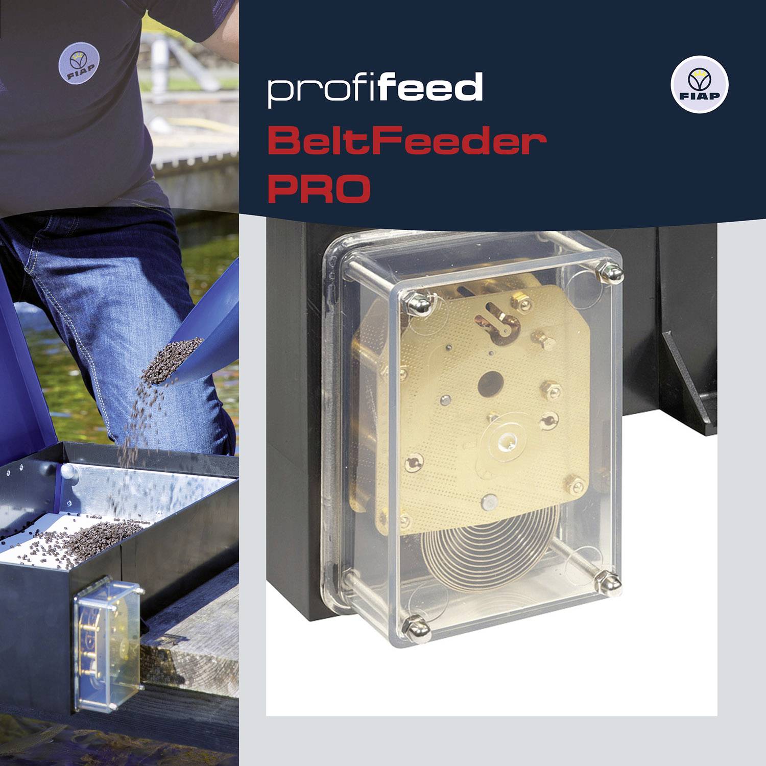 Muž plní krmnou mísu granulemi. Vpravo detail krmného automatu s názvem 'BeltFeeder PRO' od společnosti Fiap.