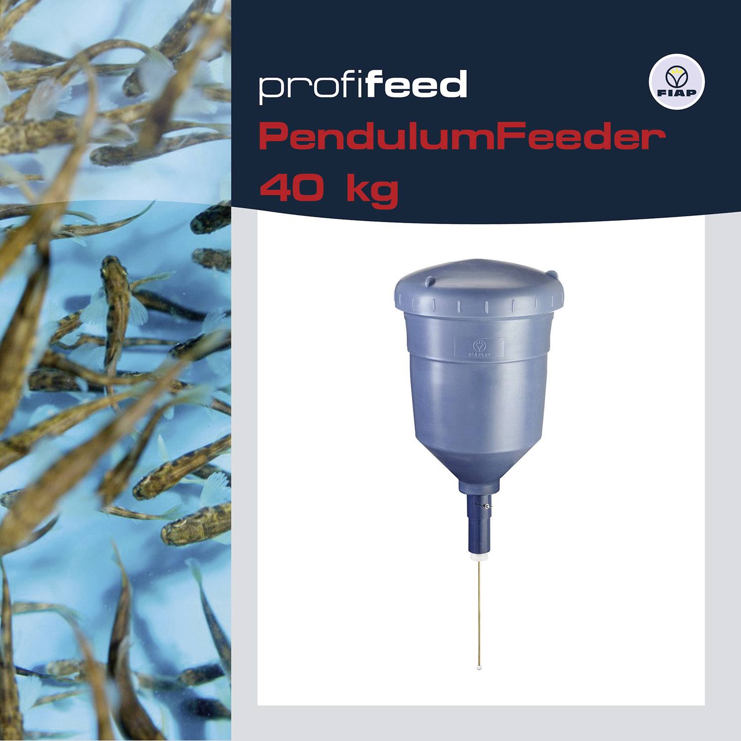 'ProfiFeed PendulumFeeder 40 kg' zobrazuje modrý, velký krmný automat na zavěšení. Vlevo jsou viditelné ryby ve vodě.