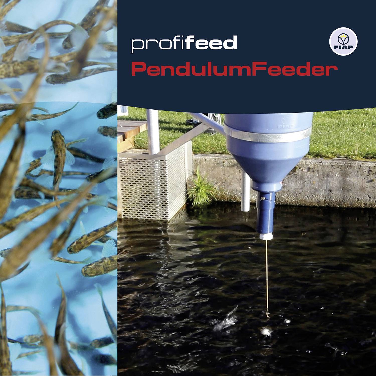 Ryby ve vodě vlevo; krmný dávkovač nad rybníkem vpravo; text 'profifeed PendulumFeeder' nahoře.