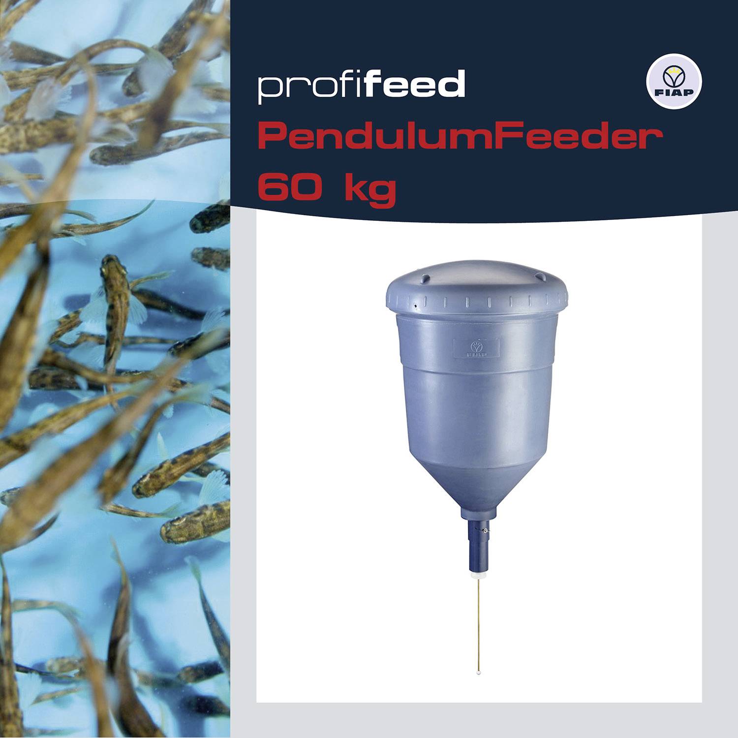 'ProfiFeeder PendulumFeeder 60 kg' vedle obrázku ryb ve vodě a modrého kontejneru.