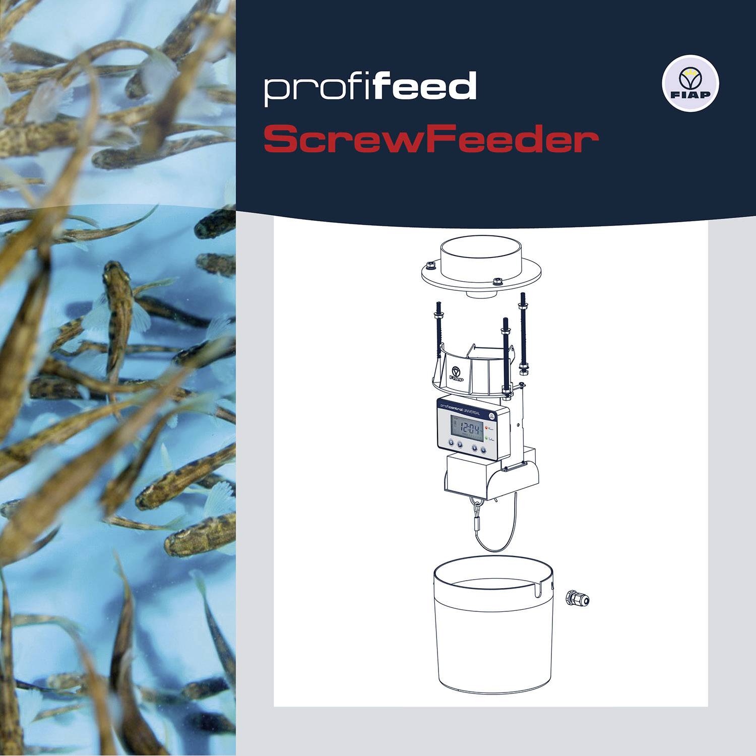 'profeed ScrubFeeder' na šedém pozadí. Vlevo hejno malých ryb v modré vodě. Vpravo technický nákres krmného zařízení nad nádobou.