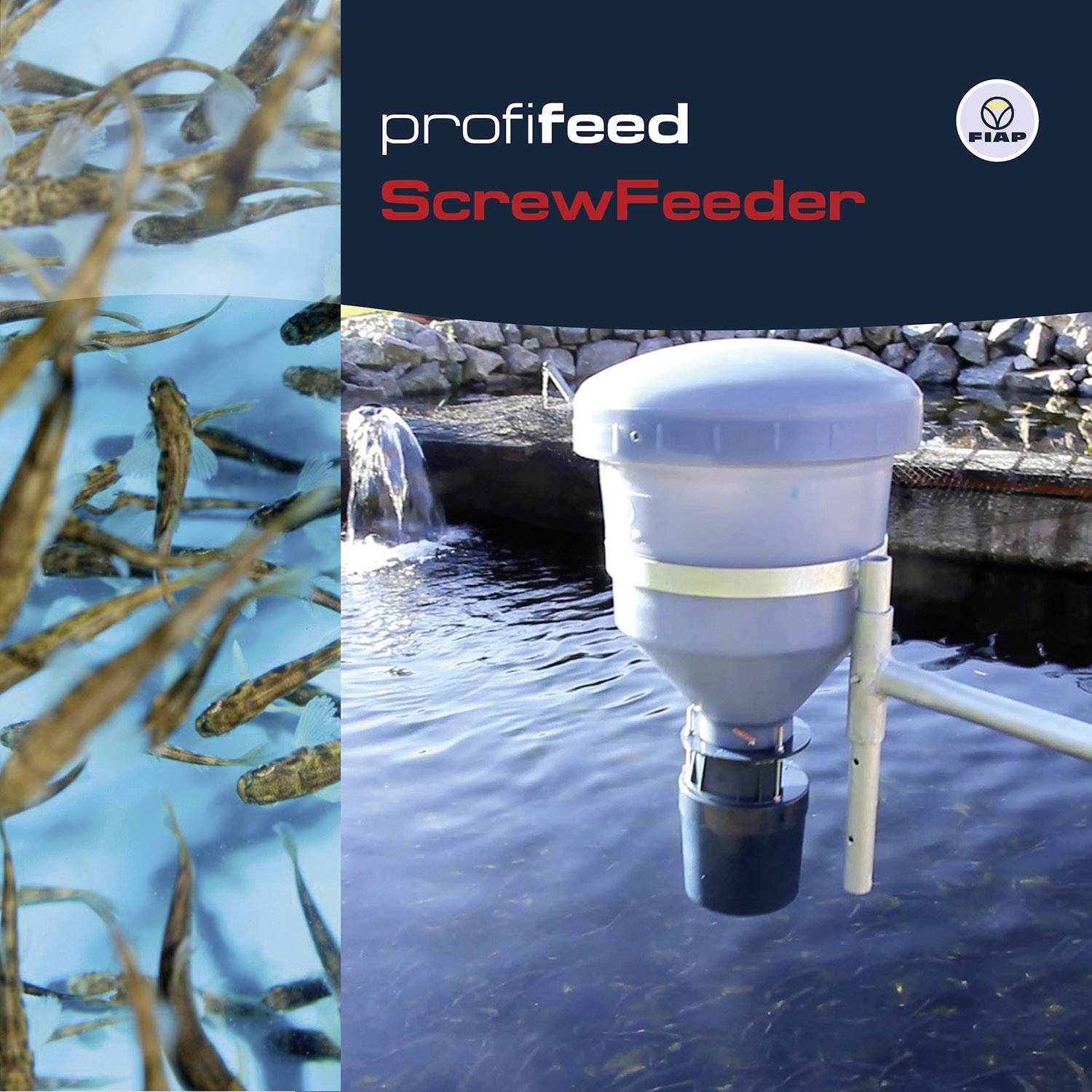 Profilový snímek systému krmení ryb na rybníce s plavoucími rybami. Text nahoře: profifeed ScrewFeeder.