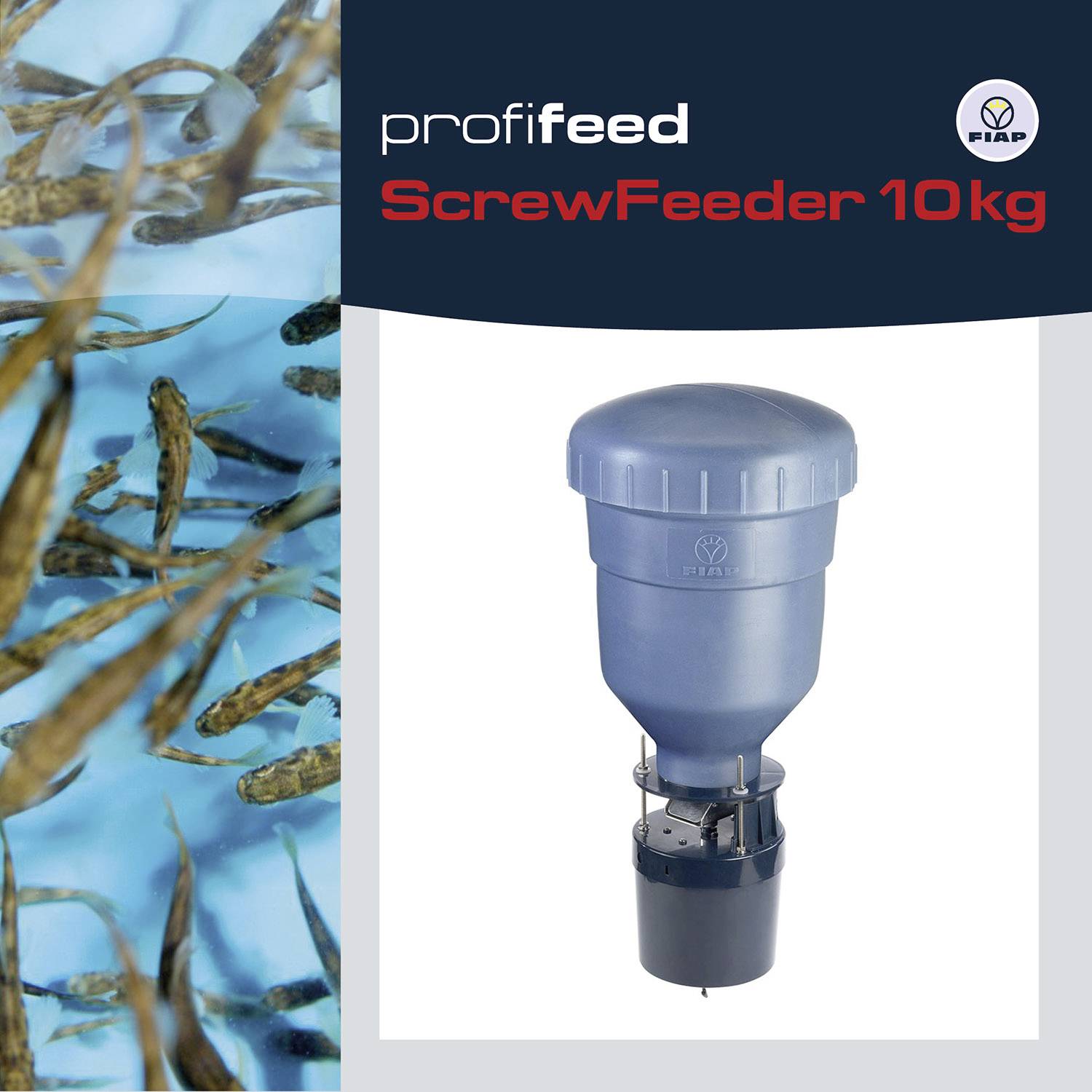 Na obrázku je zobrazen 'Profifeed ScrewFeeder 10kg'. Na levé straně jsou vidět plovoucí ryby v modré vodě.