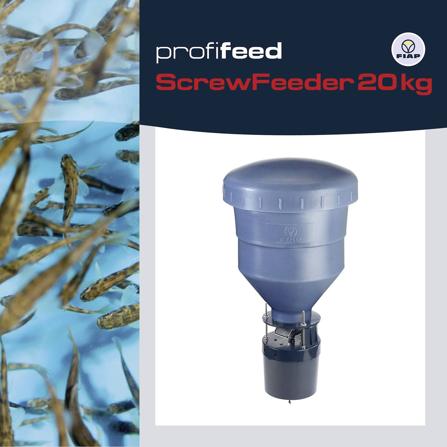 'profifeed ScrewFeeder 20kg' krmný automat. Vlevo na obrázku plavou ryby v modrém vodě.