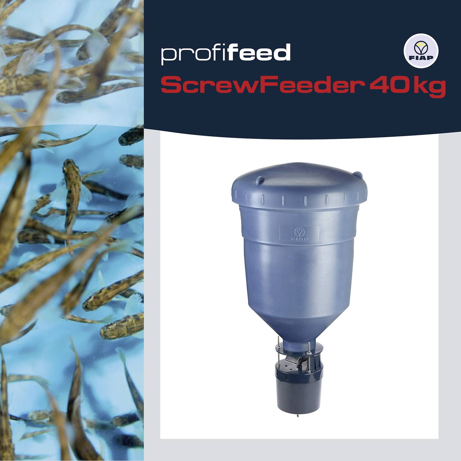 Automatický krmič ryb 'ScrewFeeder 40 kg' od firmy profifeed, zobrazený s hejnem ryb ve vodě vedle něj.