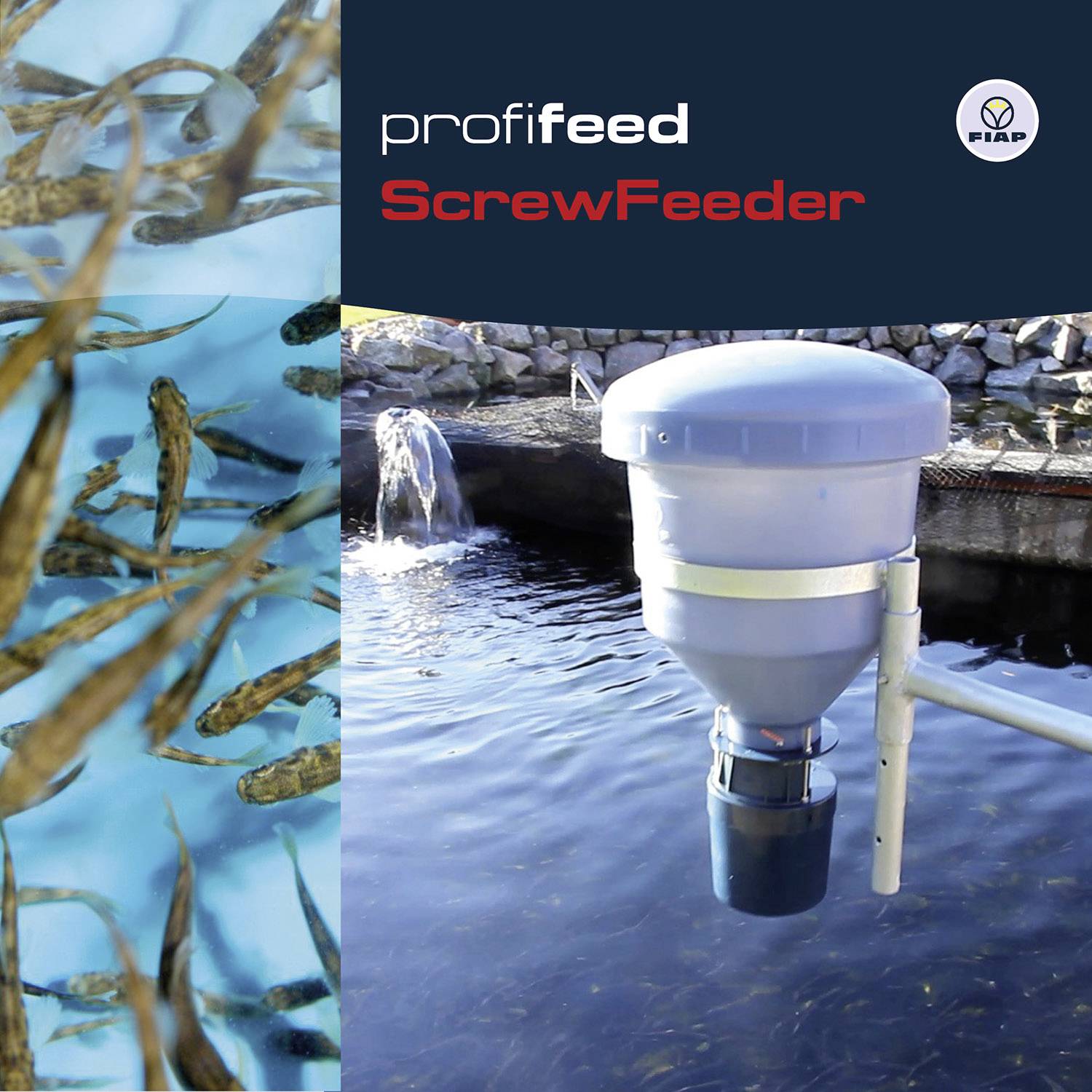 'Profifeed ScrubFeeder' krmné zařízení umístěné vedle rybníka s vodopádem; vlevo obrázek malých ryb ve vodě.