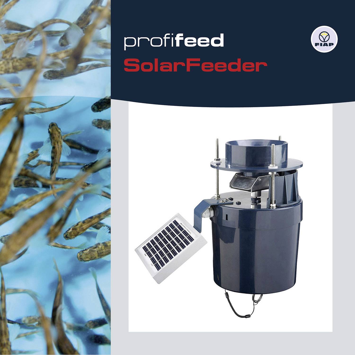 'Profifeed SolarFeeder' ukazuje solární krmné zařízení s fotovoltaickým panelem, obklopené vodou s plovoucími rybami.