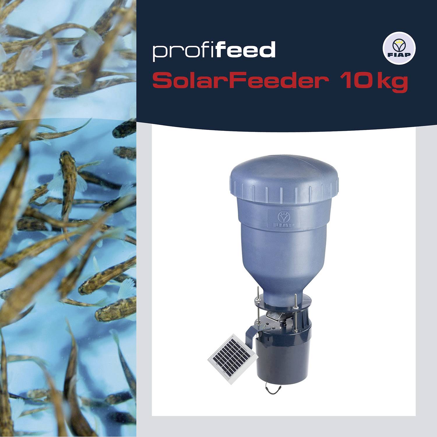 Automatické krmítko 'profeed SolarFeeder 10 kg' se solárním panelem pro napájení a nádrž plnou ryb.