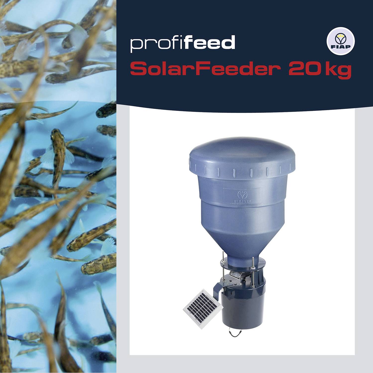 "Profileed SolarFeeder 20 kg" vedle obrázku ryby. Solární krmítko ukazuje modré pouzdro se solárním panelem, vhodné pro akvakulturu.