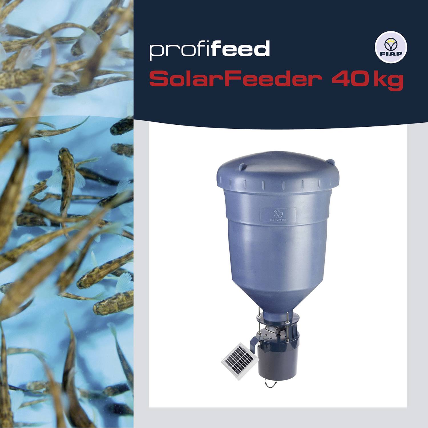 Vlevo plovoucí ryby ve vodě, vpravo modrý solární krmný automat. Nahoře vlevo text: 'profifeed SolarFeeder 40 kg'.