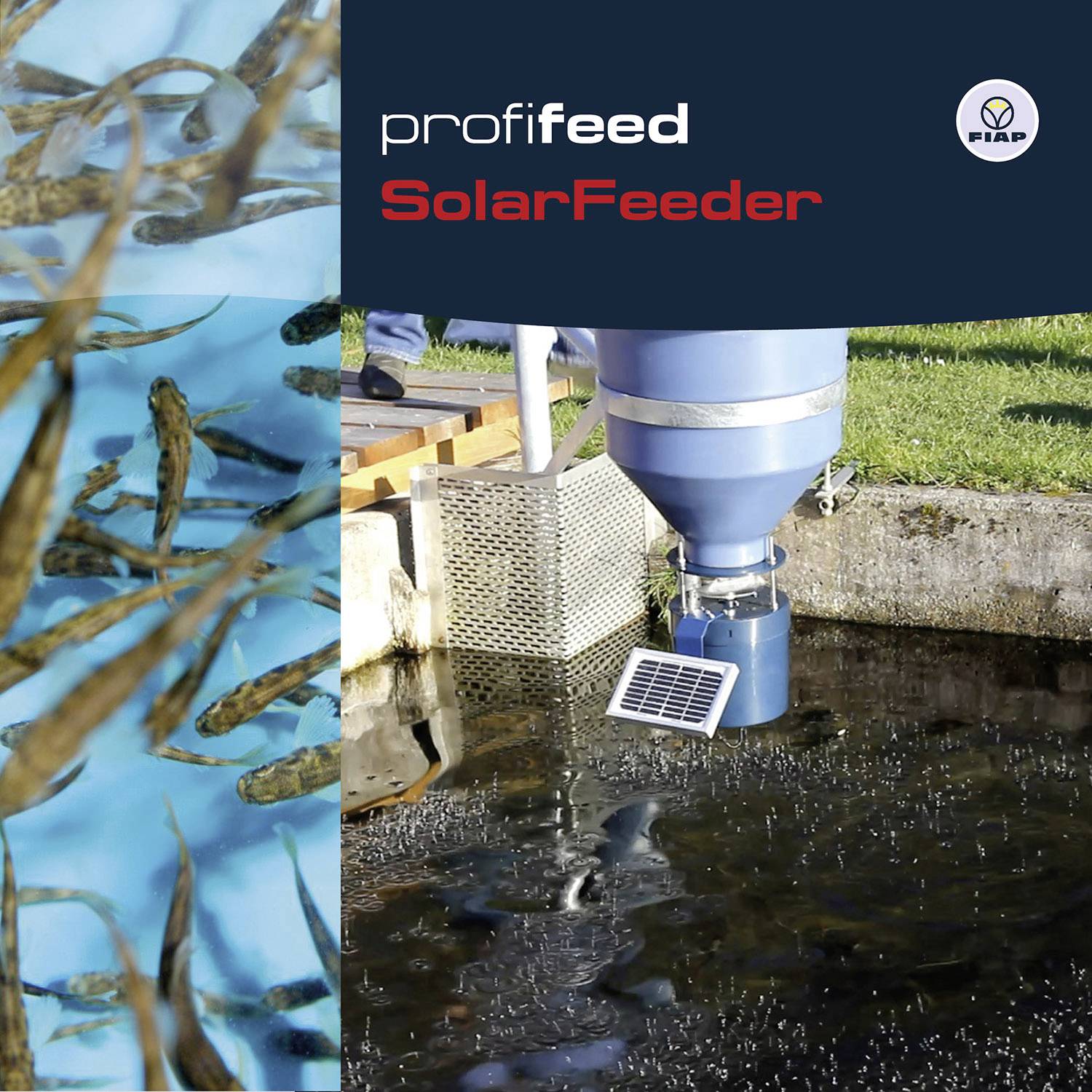 Plakát 'profi feed SolarFeeder': Vlevo ryby ve vodě a vpravo solární krmicí automat na okraji rybníka.