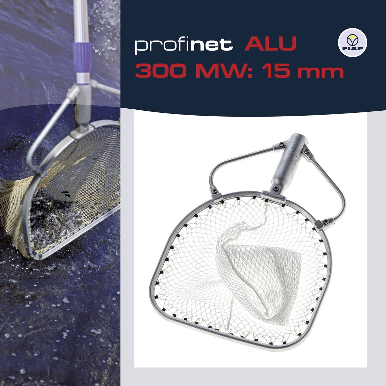 Síťová naběrák se ponoří do vody; text: 'profinet ALU 300 MW: 15 mm', zobrazuje logo sítě, držadla a firemní logo FIAP.