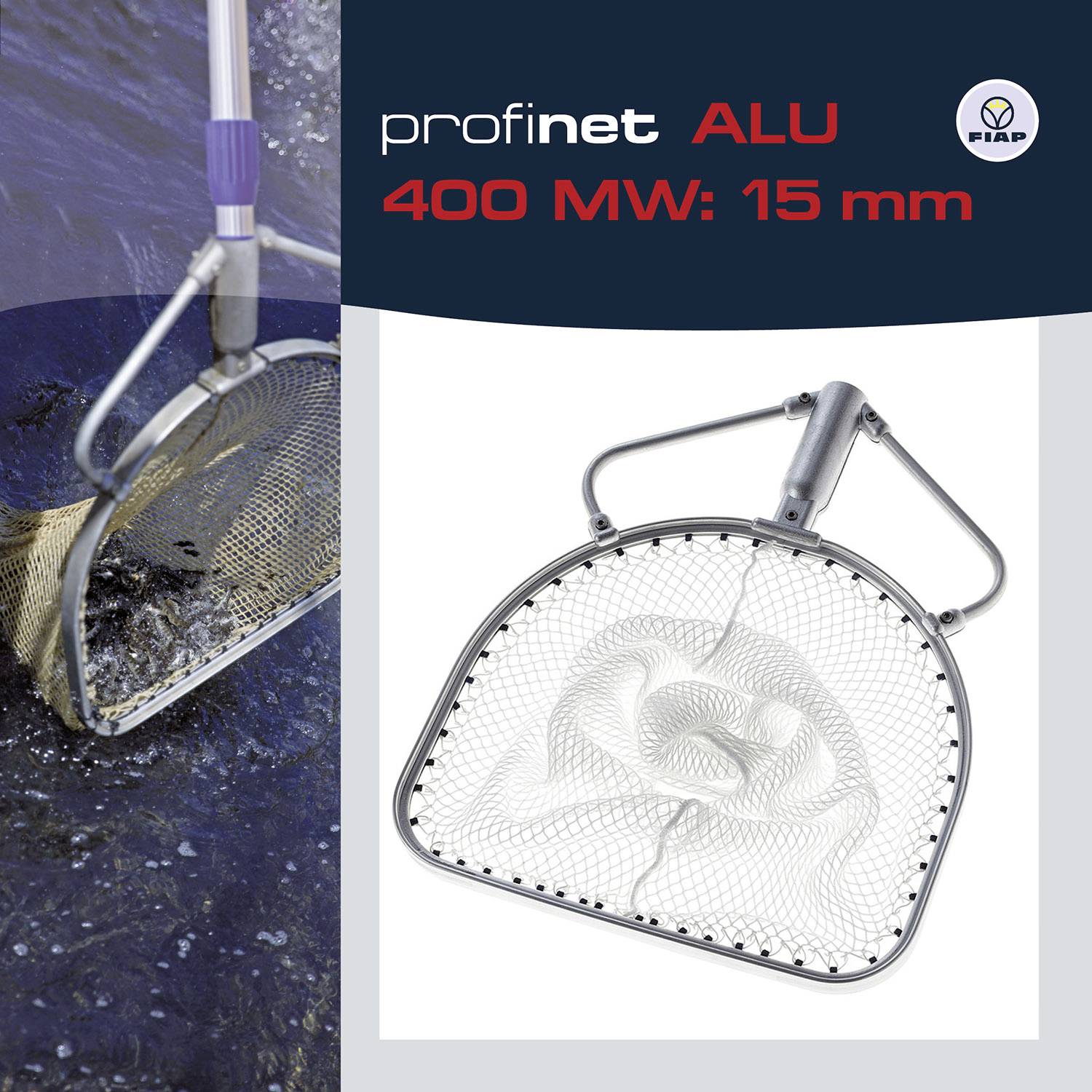 Malá, čtvercová síťka na lov ryb ve vodě při použití. Text: 'profinet ALU 400 MW: 15 mm'. Produkt od FIAP.