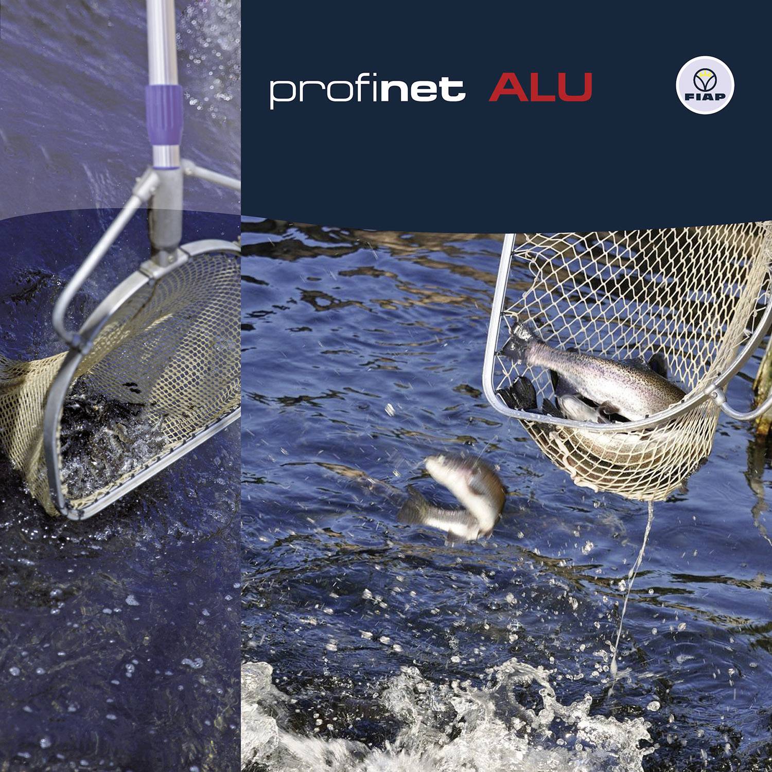 Hliníkový rybářský síť vytahuje ryby z vody. Nahoře je nápis 'profinet ALU' a vpravo logo FIAP.
