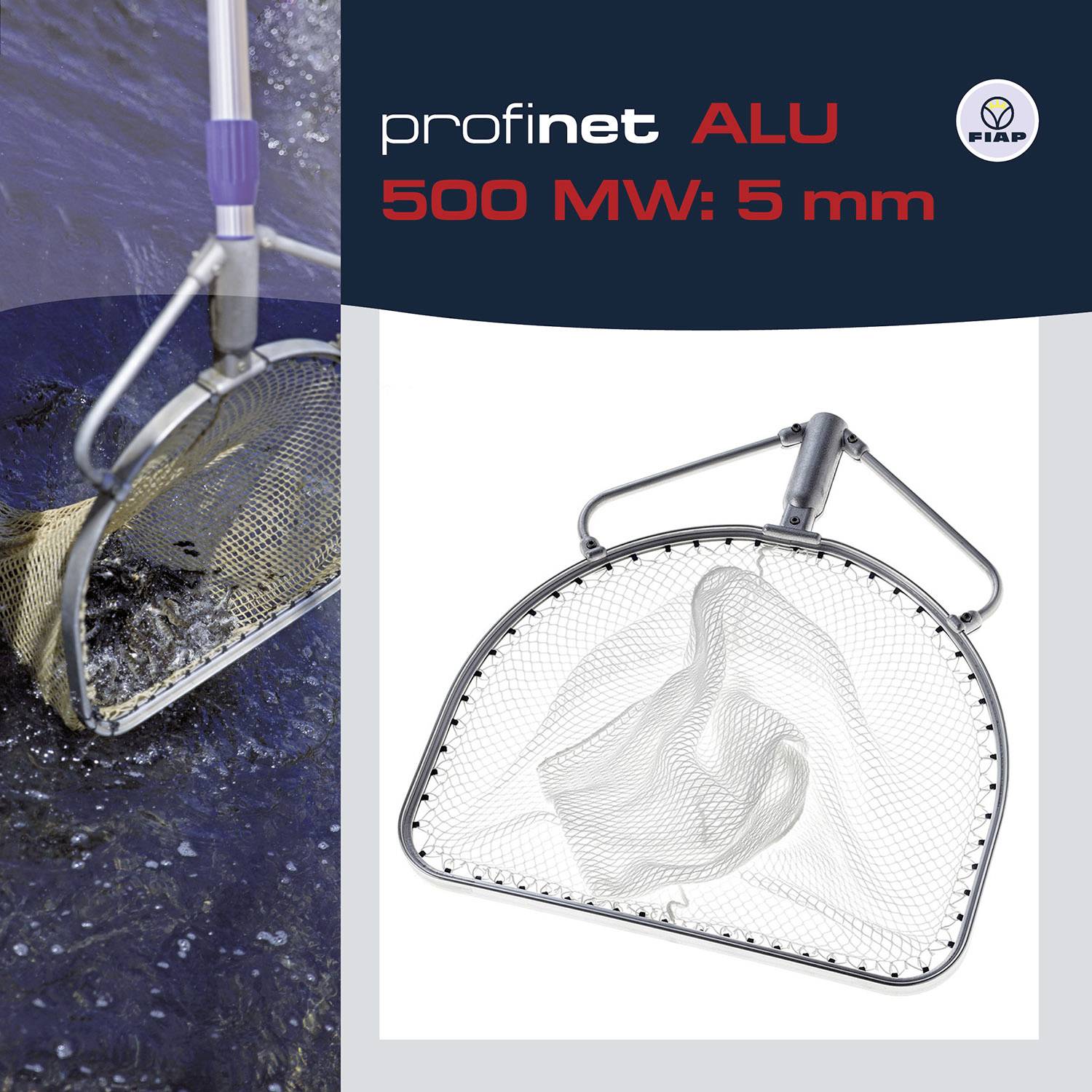 Kescher ve vodě se stříbrným rámem a sítí; Text: 'profinet ALU 500 MW: 5 mm'.