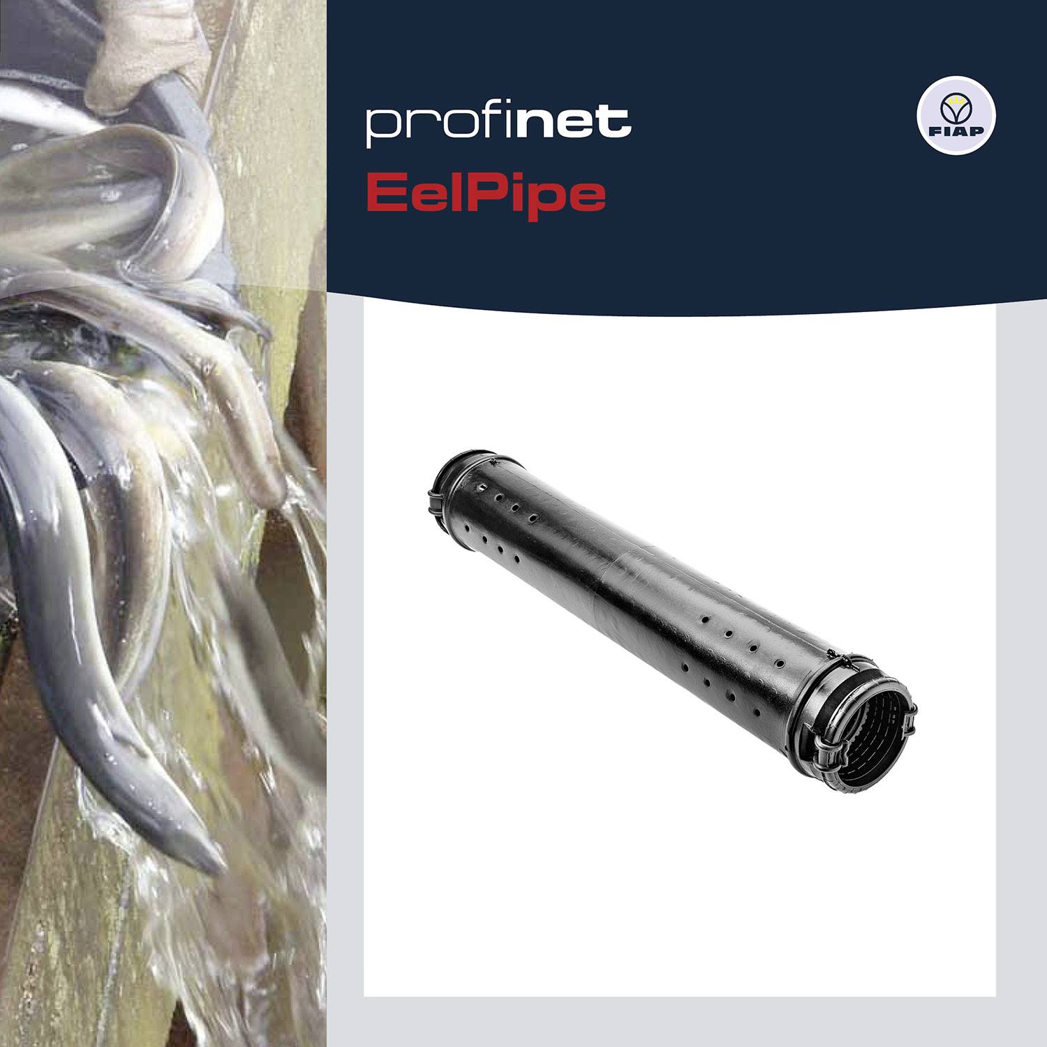 Úhoři klouzají do potrubí, vedle obrázku se nachází nápis 'profinet EelPipe' s logem v rohu.