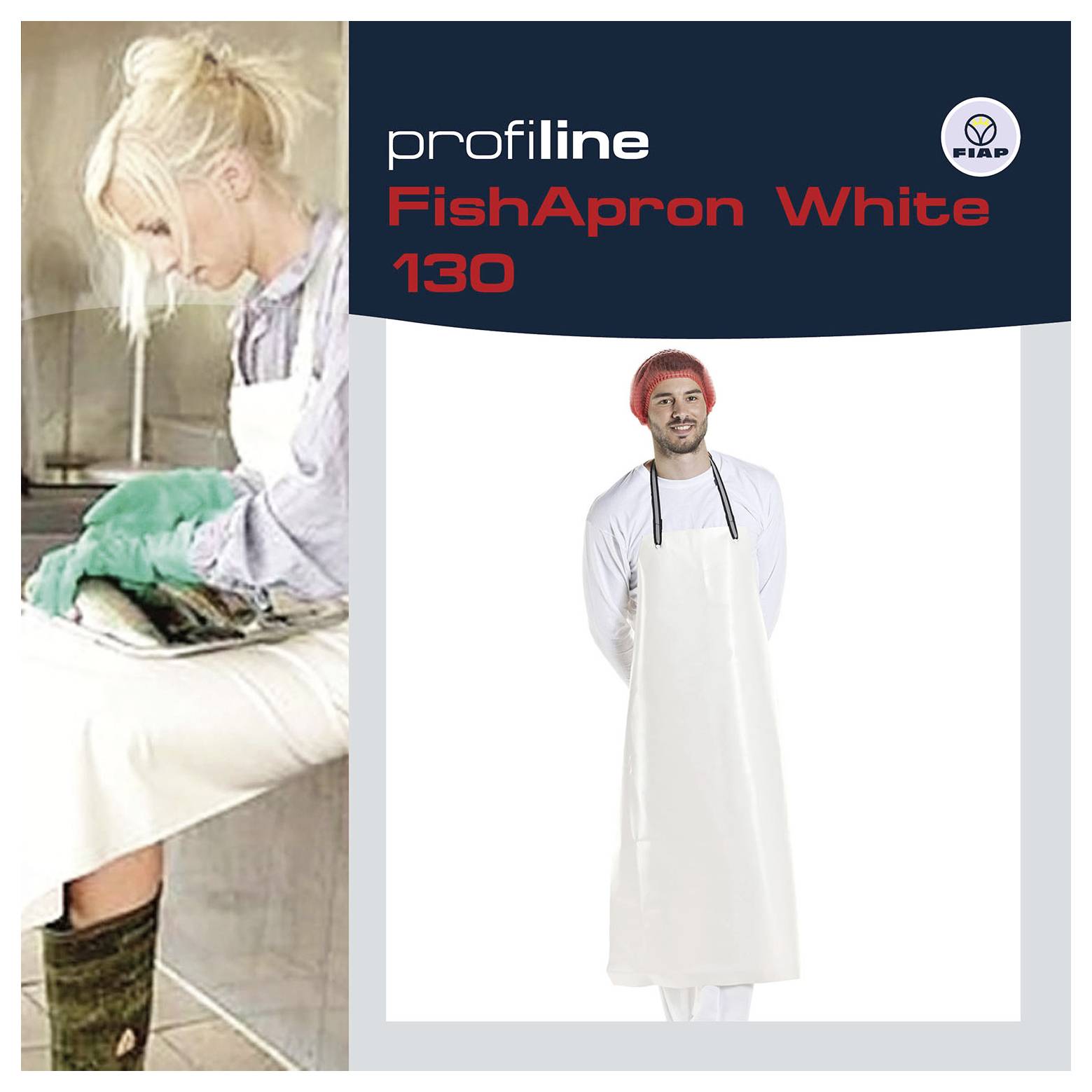 Produkt inzerát na "profiline FishApron White 130" zobrazující osobu oblečenou v bílé rybí zástěře; vložená fotografie pracovníka používajícího ochranné rukavice při čištění ryb.