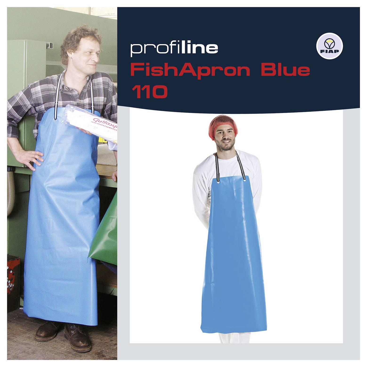 Propagační obrázek pro 'profiline FishApron Blue 110' zobrazující modrou vodotěsnou zástěru na dvou mužích, jednom v pracovním prostředí a jednom na bílém pozadí.