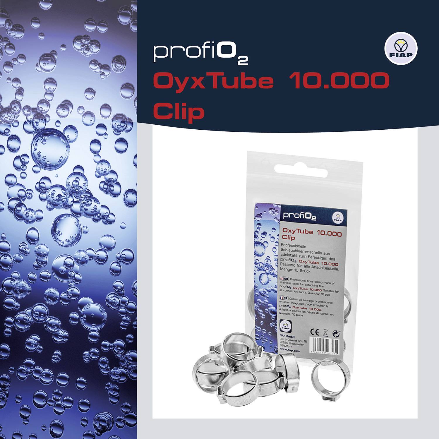 "profiO2 OxyTube 10.000 Clip" na blistrovém obalu, vedle několik stříbrných klipů. Pozadí s modrými bublinkami.