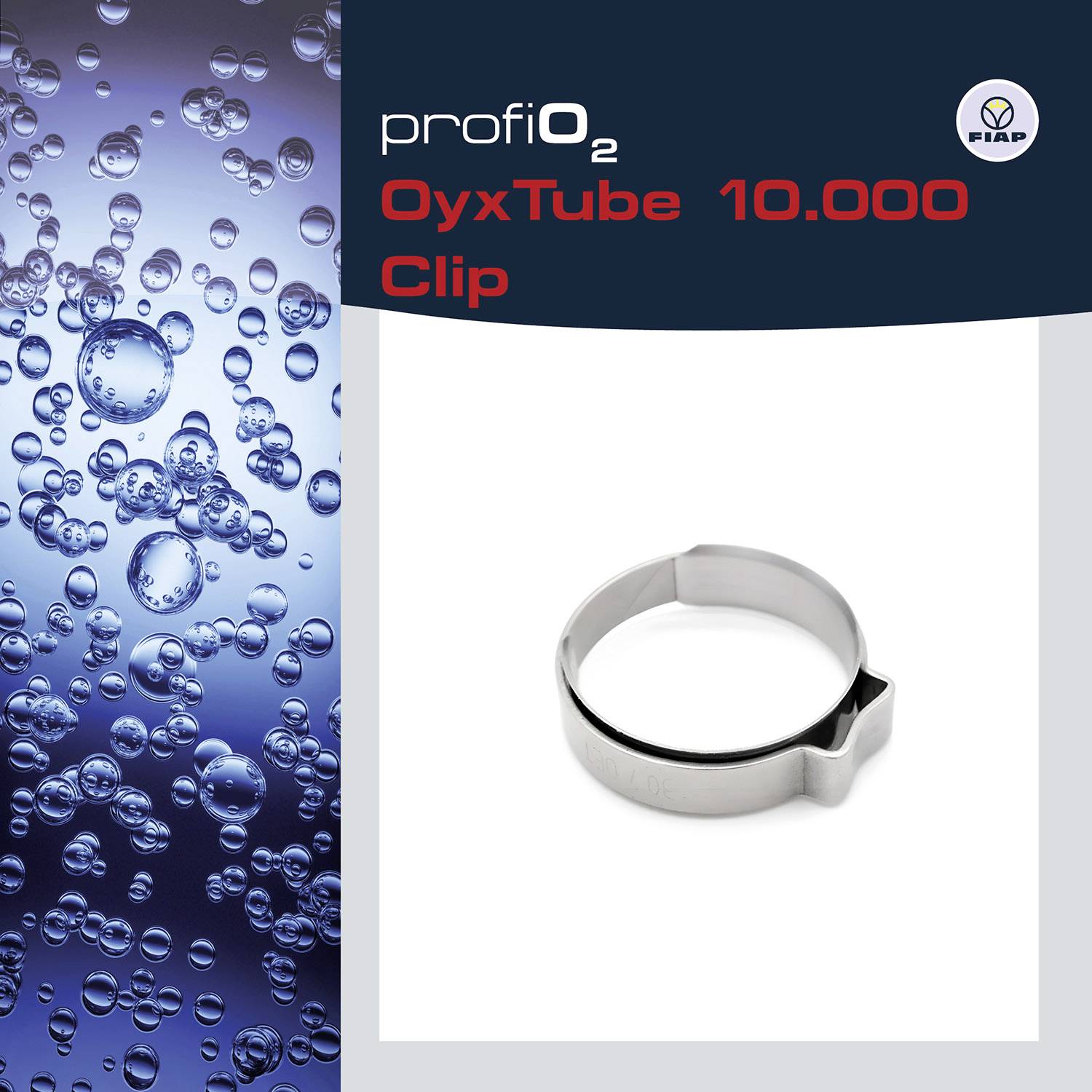 Bublinky ve vodě vlevo, kovový klip vpravo s nápisem 'profiO2 OxyTube 10.000 Clip' nad ním.