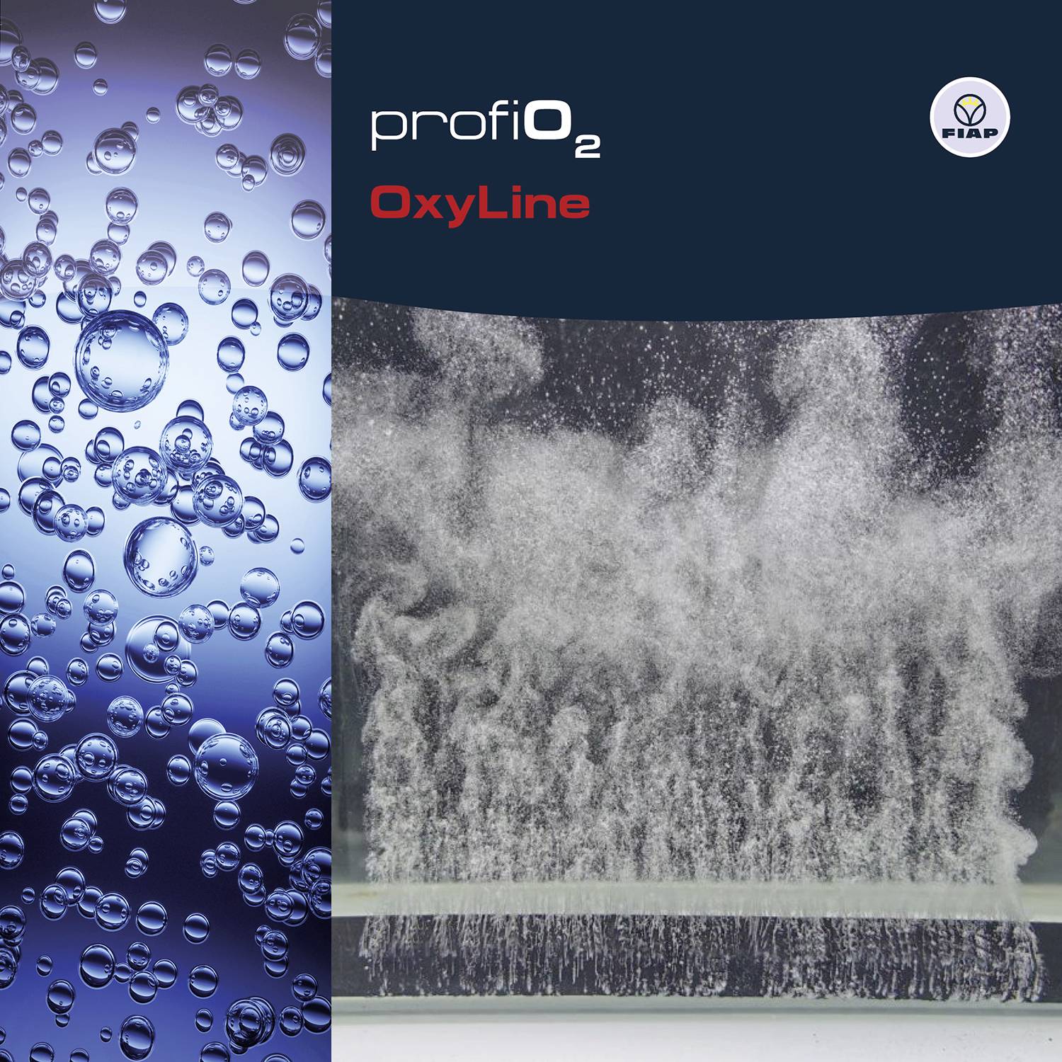 'profiO2 OxyLine' produktový obrázek. Vlevo: stoupající vzduchové bubliny ve vodě. Vpravo: rovnoměrný tok kyslíku. Logo FIAP nahoře vpravo.