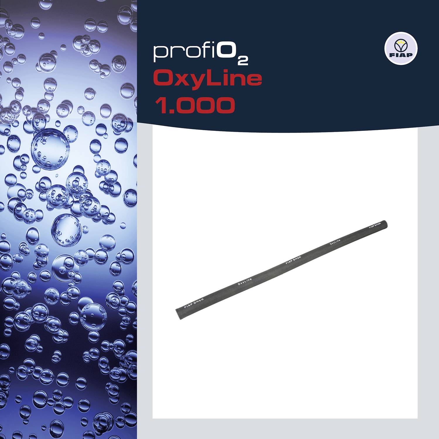 Obrázek produktu provzdušňovacího hadice 'ProfiO₂ OxyLine 1.000' s logem FIAP. Vlevo bubliny ve vodě, vpravo šedý hadice.