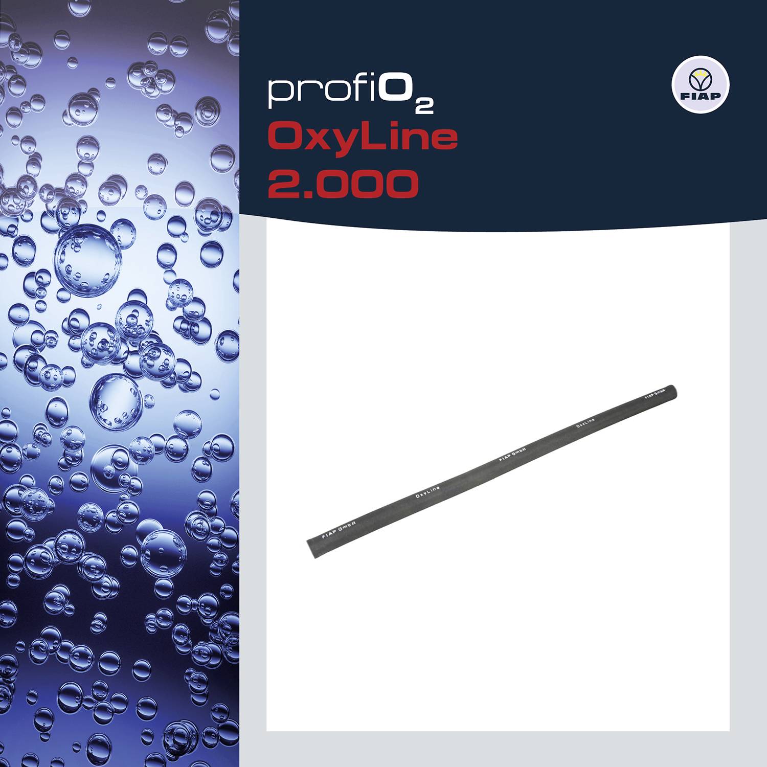 Levá strana: Bubliny ve vodě, pravá strana: černá hadice na bílém pozadí. Nahoře: Logo a text 'profiO2 OxyLine 2.000'.
