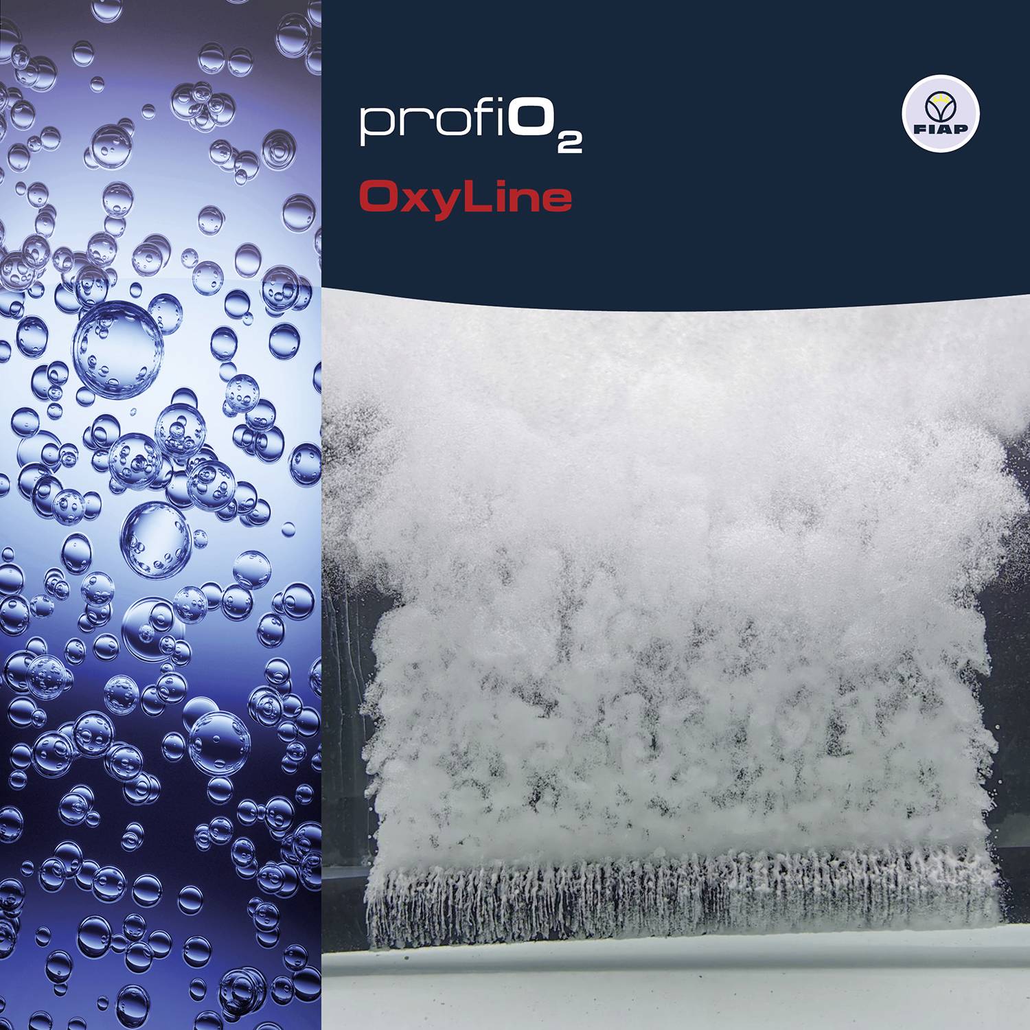 Obrázek produktu 'OxyLine': Vodní bublinky vlevo, pěna a pohyb vody vpravo. Firemní logo v horním rohu.