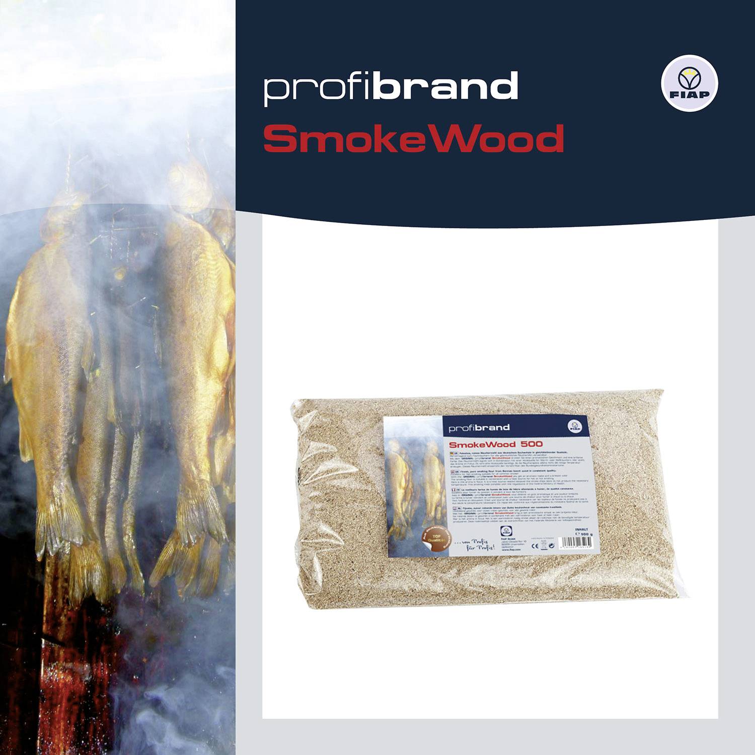 'Profibrand SmokeWood' ukazuje uzené ryby a obal s uzeným moukem. Hodí se pro uzení mnoha druhů potravin.
