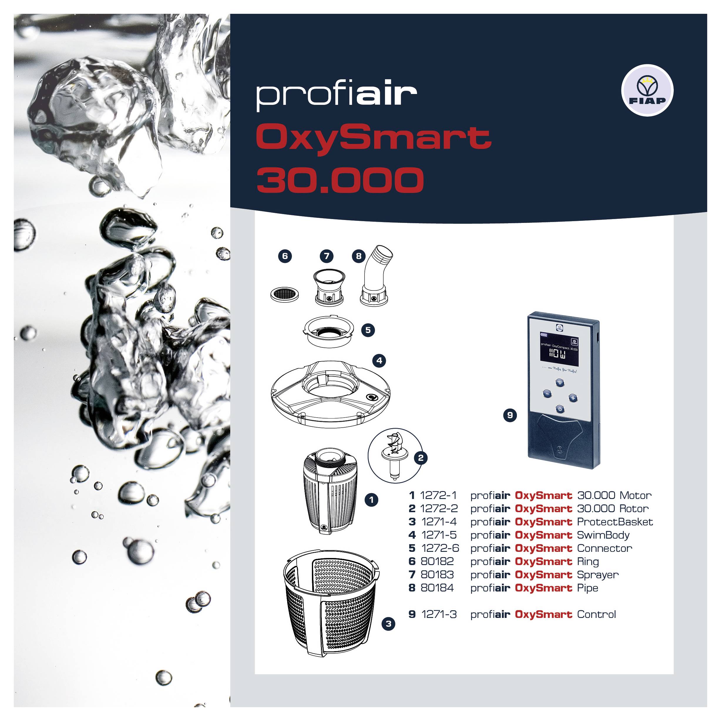 Produktový leták pro 'profair OxySmart 30.000' zobrazující rozložené komponenty úpravy vzduchu, řídicí jednotku a vodní obrazy; logo PIAP je včetně.