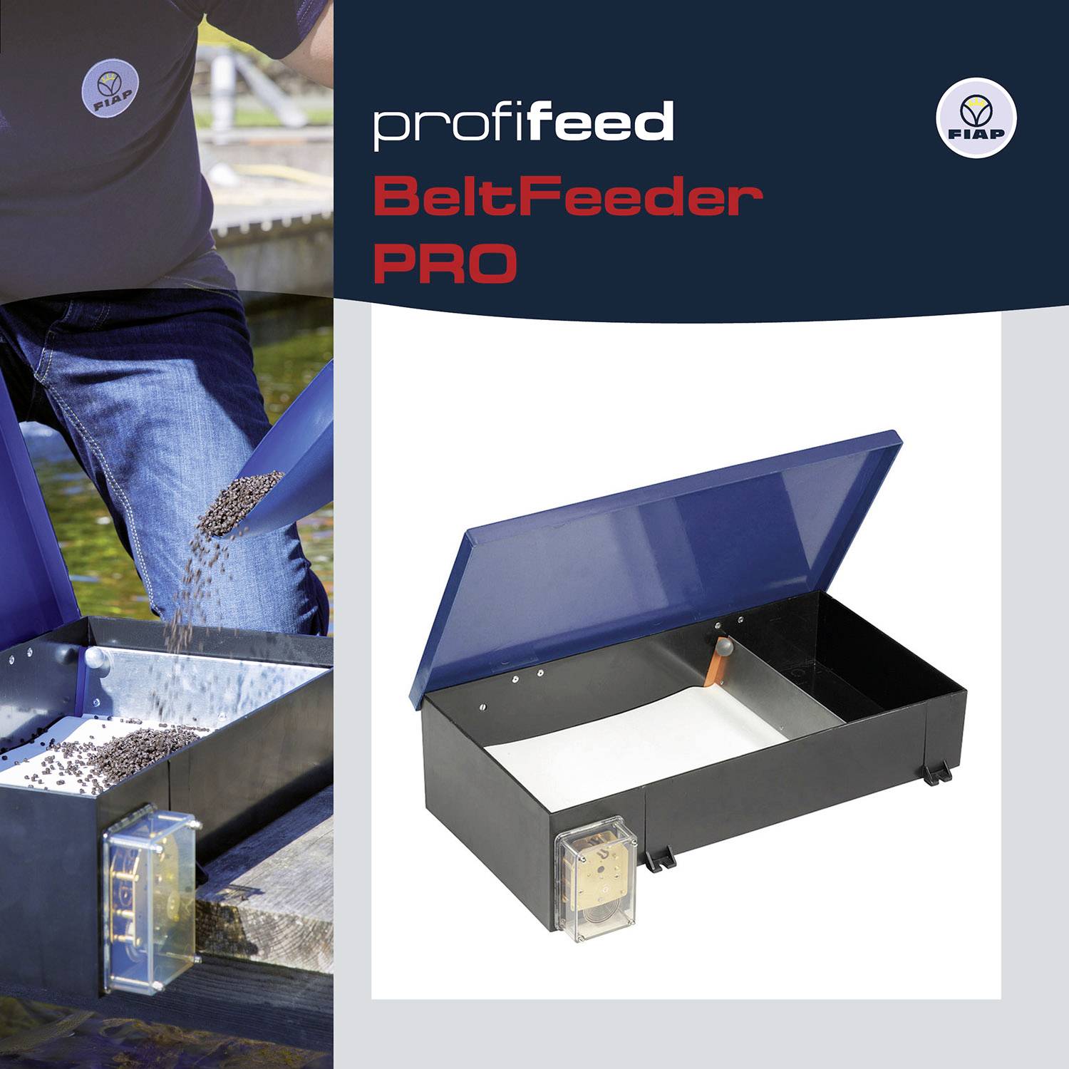 Představujeme 'ProfiFeed BeltFeeder PRO'. Vlevo je zařízení, které automaticky plní krmivo, vpravo je produktová fotografie krmného zařízení.