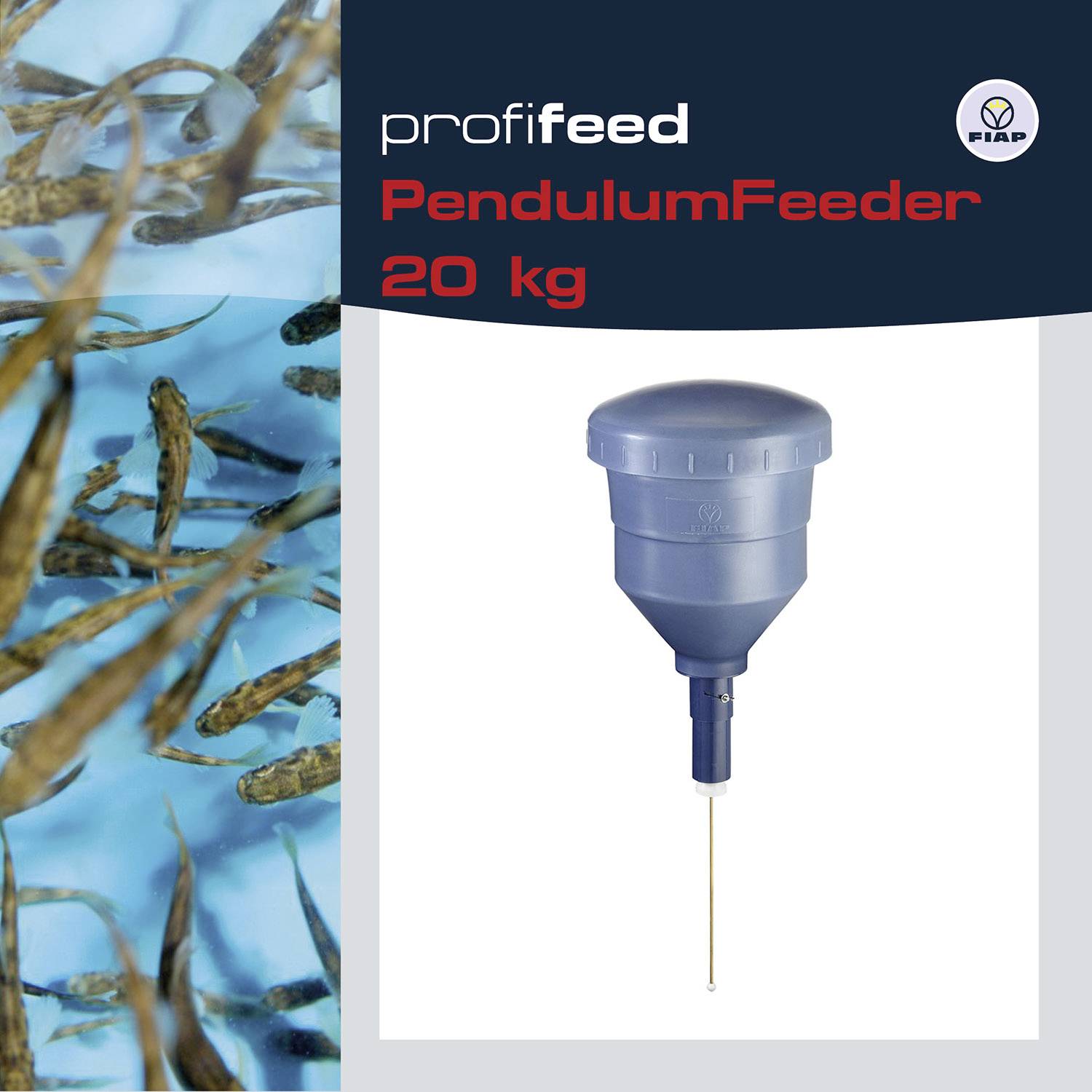 'Profifeed PendulumFeeder 20 kg' Dávkovač krmiva pro ryby, modrý kontejner. Vlevo: Ryby ve vodě. Vhodné pro akvakultury.