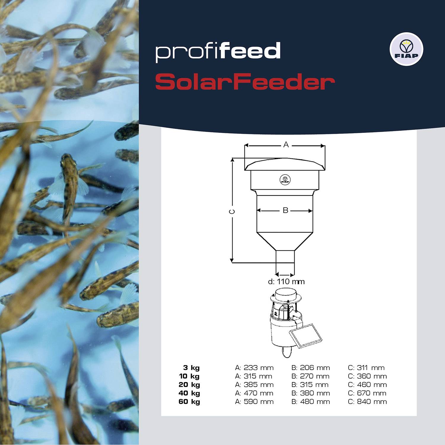 Profilový obrázek se návody pro SolarFeeder: údaje o hmotnosti nádoby v kg (3 až 60) a rozměry v mm (A, B, C, D). Vlevo: ryby ve vodě.