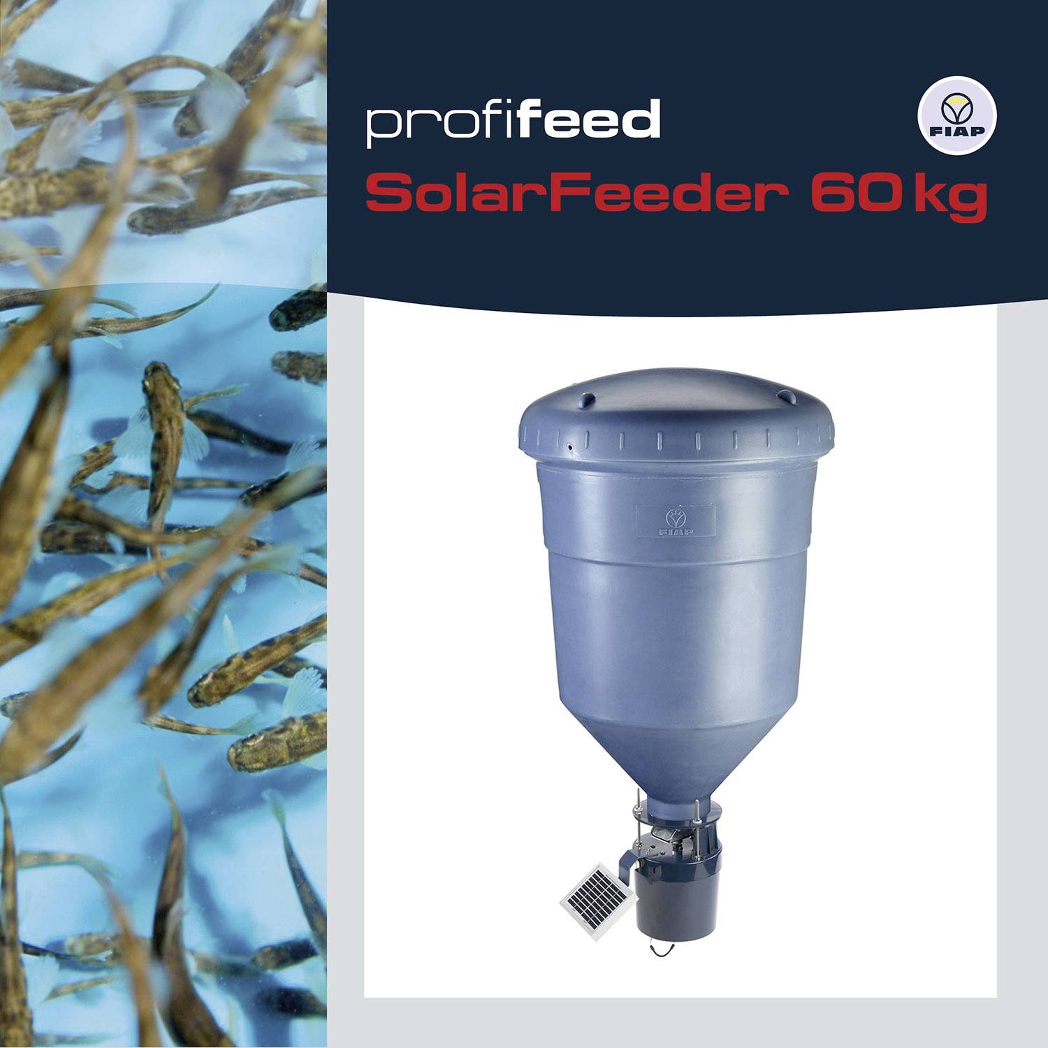 Profesionální krmítko SolarFeeder 60 kg na tmavě modrém pozadí. Vlevo: Ryby pod vodou. Vpravo: SolarFeeder se solárním panelem dole.