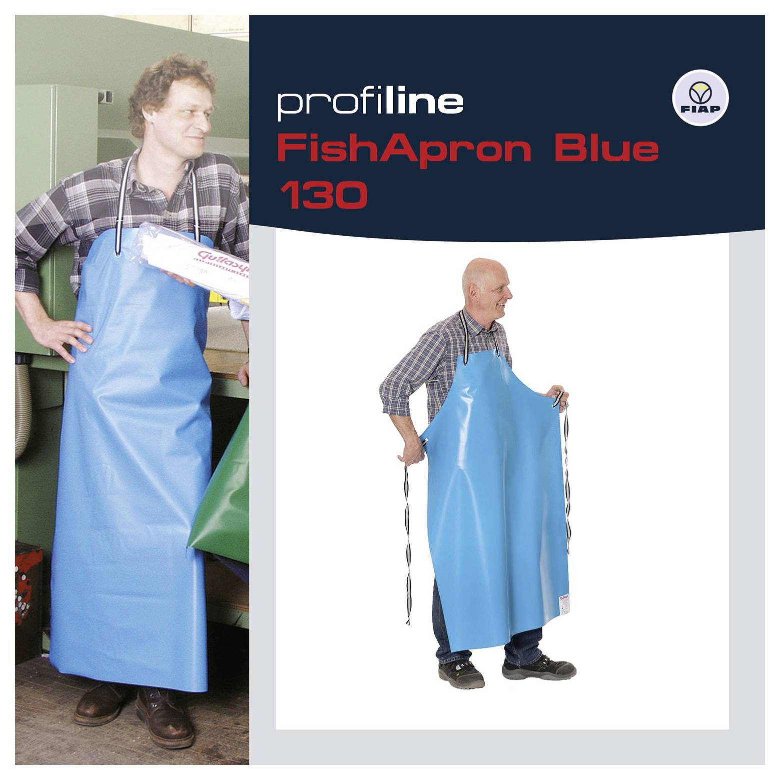 Obrázek produktu „profiline FishApron Blue 130" zobrazující muže v jasně modré rybářské zástěře ve dvou pozicích, jednu v dílně a jednu na bílém pozadí.