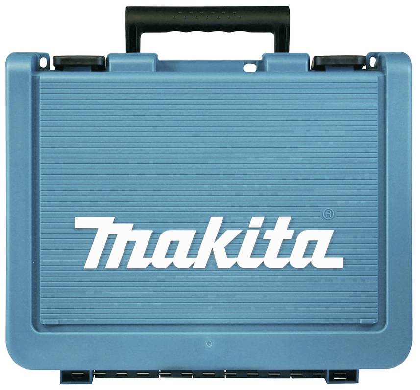 Modrý kufřík na nářadí s bílým nápisem 'Makita' na přední straně.