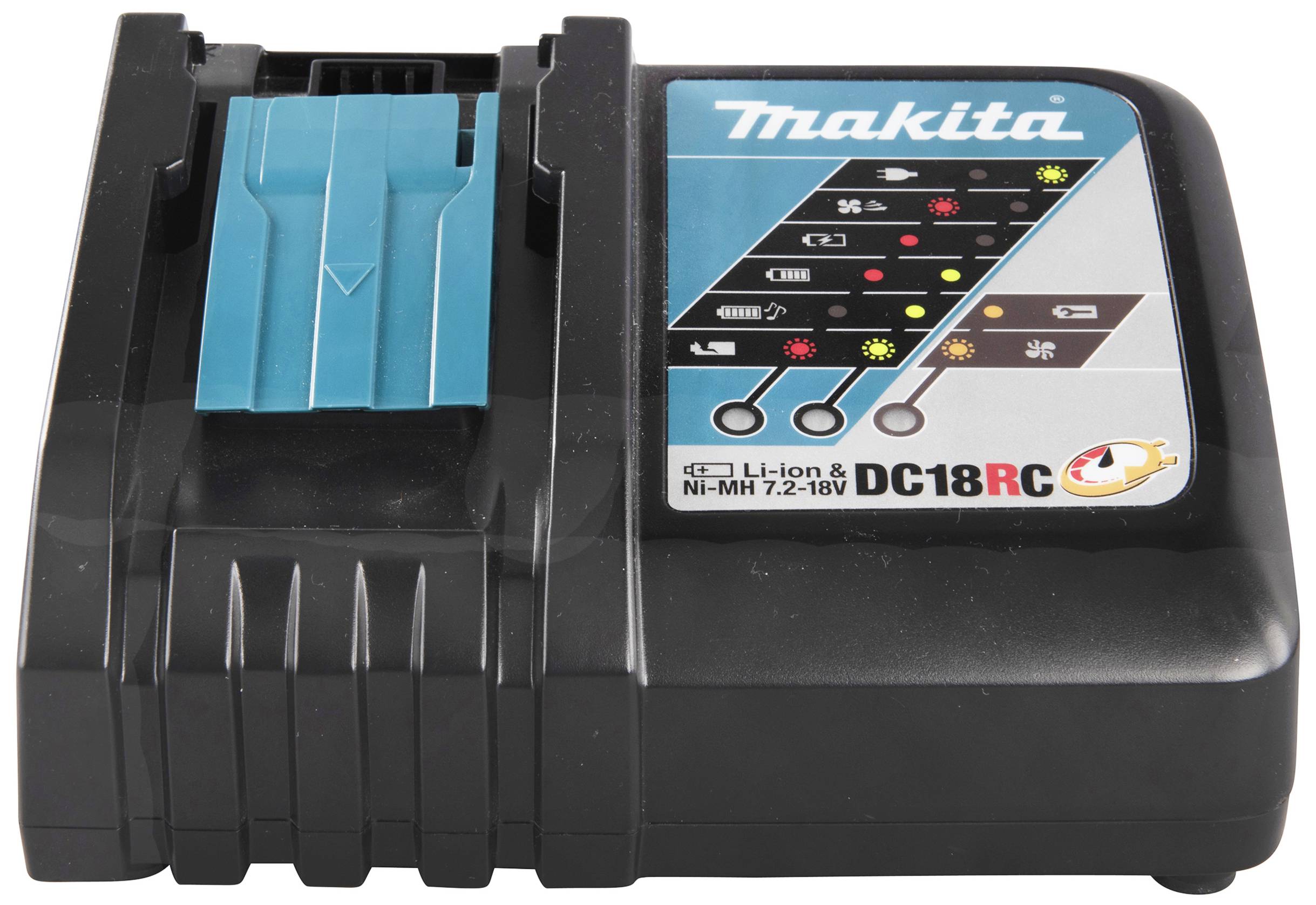 Černá nabíječka značky Makita pro lithium-iontové a NiMH akumulátory s několika kontrolkami pro indikaci stavu nabíjení a funkcí.