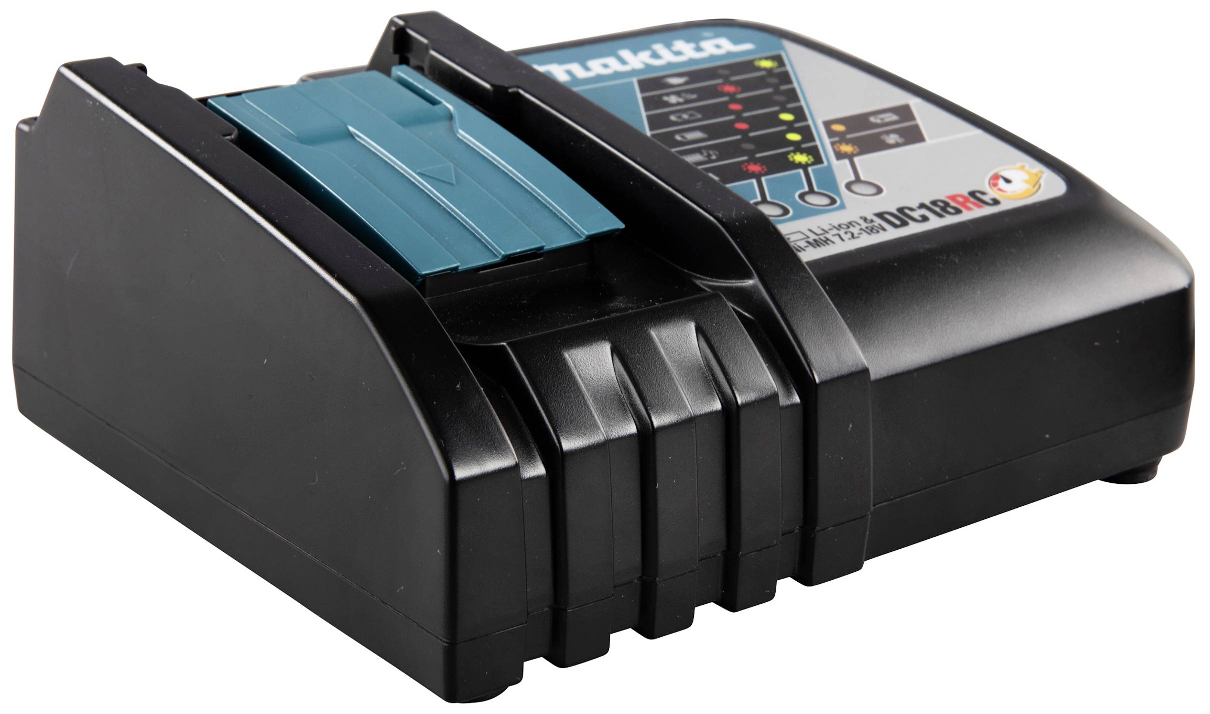 Černá nabíječka Makita s modrým krytem a LED indikátorem. Vhodná pro nabíjení baterií elektrického nářadí.