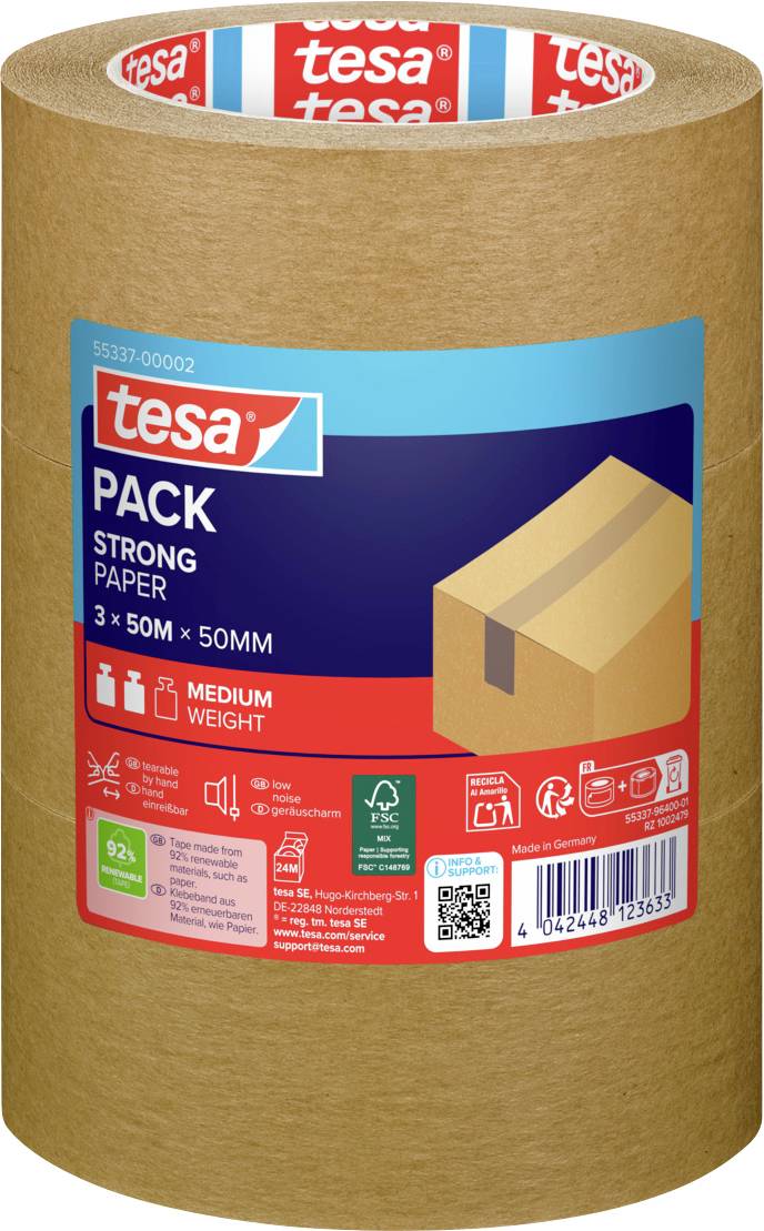 'Tesa pack strong papírová páska na balení, střední hmotnost, 3 role po 50m x 50mm každá, šetrná k životnímu prostředí, s obrázkem krabice z lepenky.'
