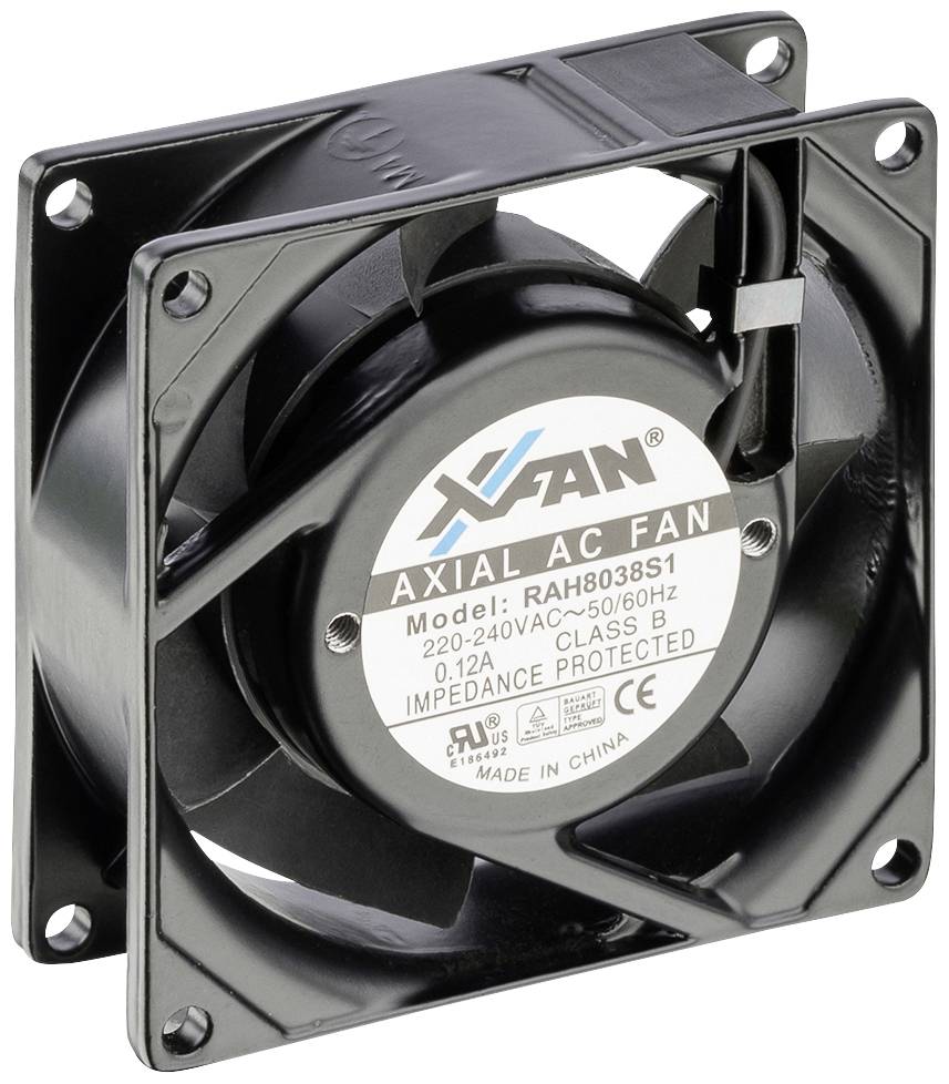 Černý axiální ventilátor s nápisem 'Axiální AC ventilátor, Model: RAH8038S1, 220-240V AC, 50/60 Hz, 0,12 A, Třída B, Impedančně chráněný'.