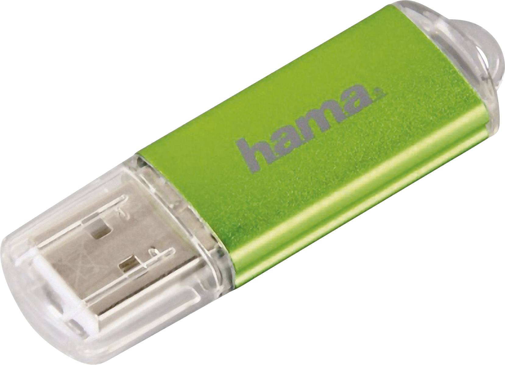 Zelený USB flash disk s průhlednými krytkami, nesoucí značku 'hama'.
