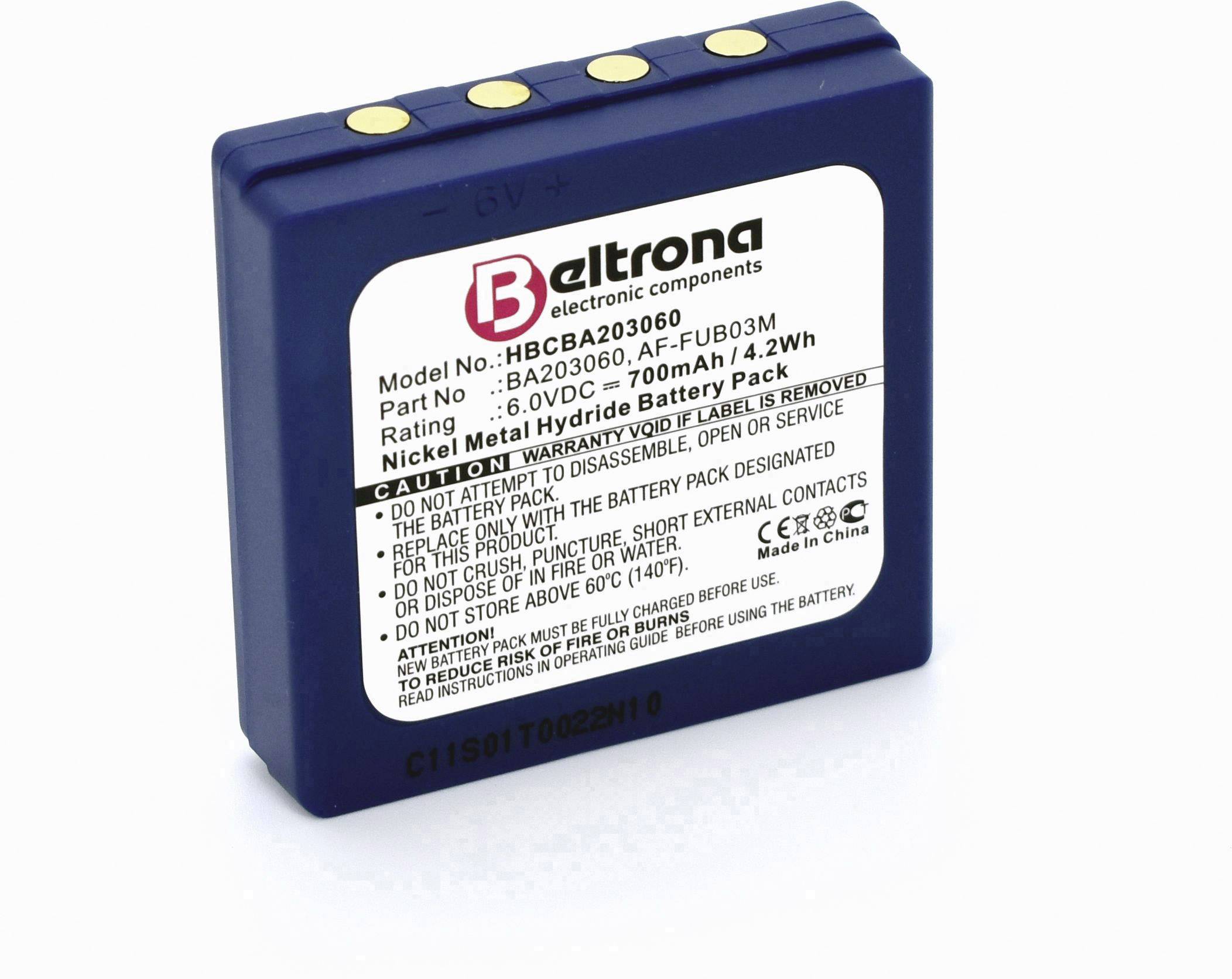 Modrý akumulátor s etiketou: 'Beltrona', modelové a kusové informace, 6V, 700mAh, nikl-metal hydridový, včetně výstražných a likvidačních pokynů.