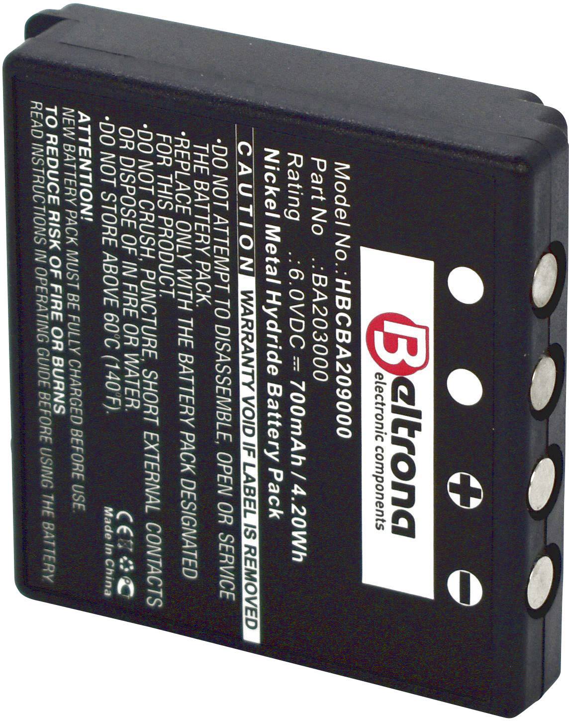 Nikl-metalhydridový akumulátor značky Beltrona, model HBGBA209000, 6V, 700mAh, 4,2Wh. Bezpečnostní upozornění jsou vytištěna přímo na akumulátoru.
