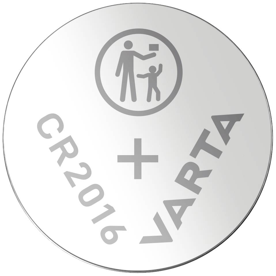 Stříbrná knoflíková baterie s potiskem "CR2016 VARTA". Symbol zobrazuje dospělého a dítě s baterií.