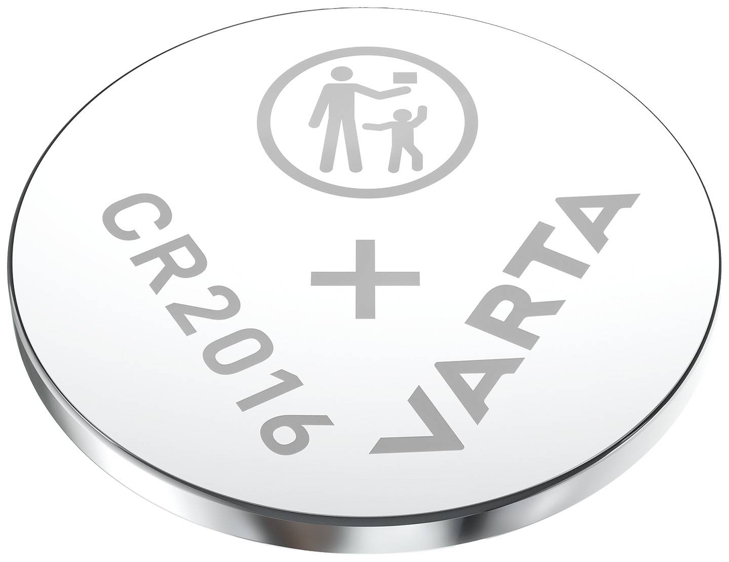 CR2016 knoflíková baterie od Varty s kladným znaménkem a symbolem dětské bezpečnosti.