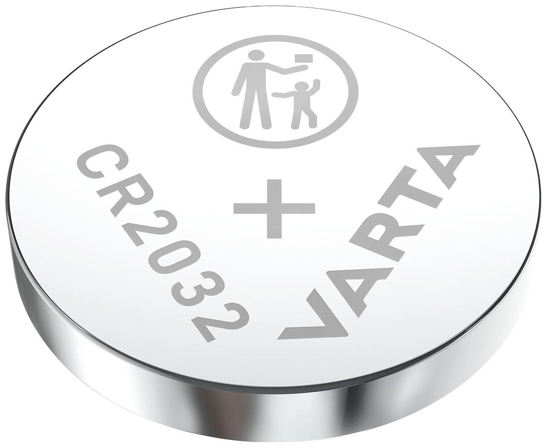 Stříbrná knoflíková baterie s nápisem 'CR2032' a 'VARTA'. Nahoře symbol: dospělý a dítě v kruhu.