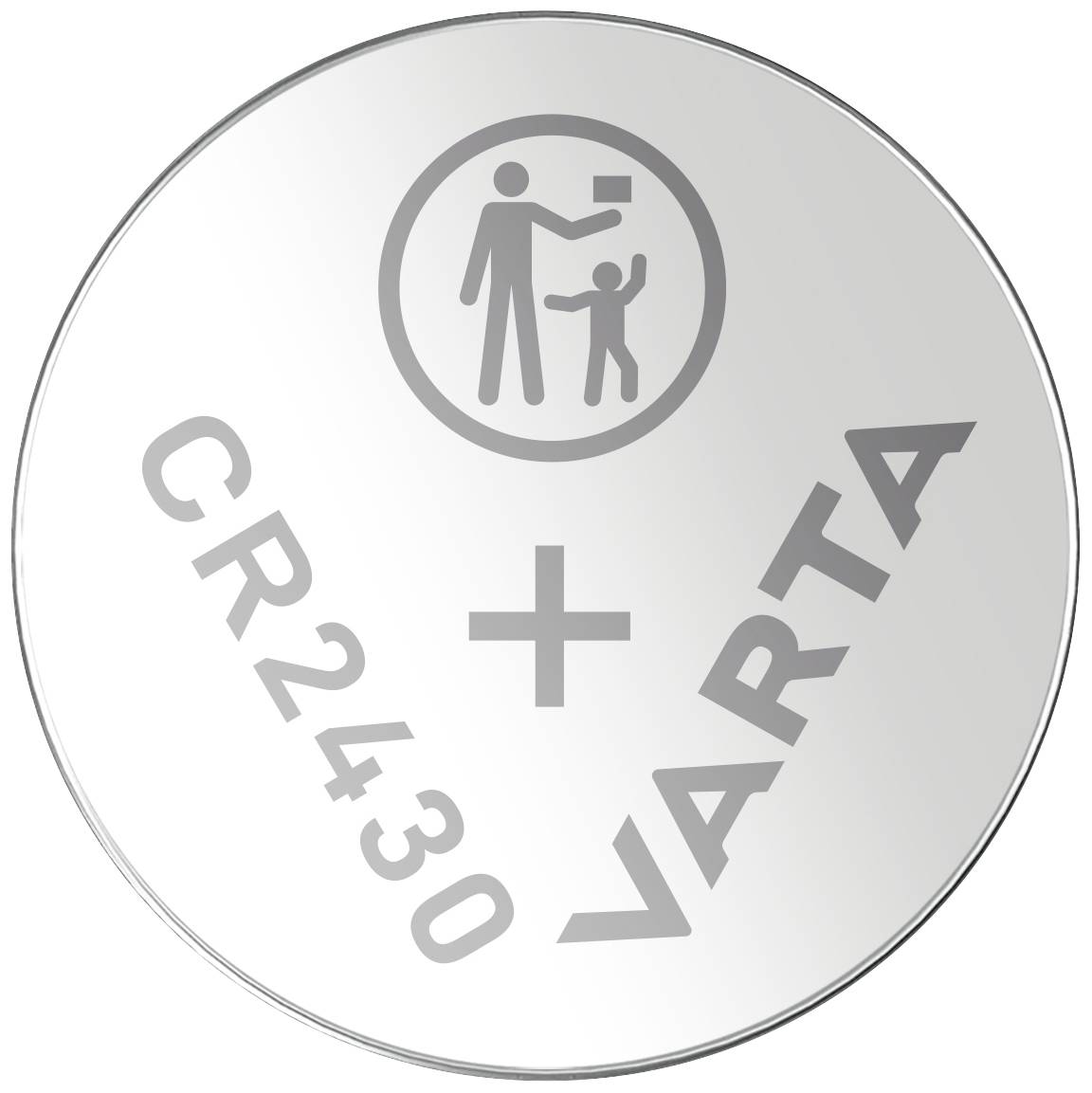 Kulatá knoflíková baterie s nápisem 'CR2430 VARTA'. Nad ní je symbol dospělého, který něco podává dítěti.