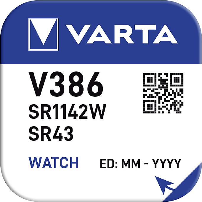 Baterie Varta V386 knoflíková, SR1142W, SR43, s QR kódem. Vhodná pro hodinky. Datum expirace ve formátu 'MM - YYYY'.